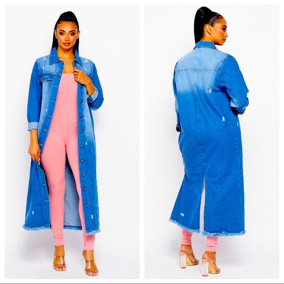 NEW FALL TRENDY JEAN BUTTON DOWN MEDIUM DENIM LONG TRENCH COAT JACKET - Picture 1 of 6